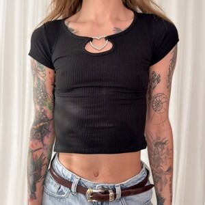 Black Heart Cutout Crop Top Fitted Baby Tee Coquette Y2K Top Women's Small